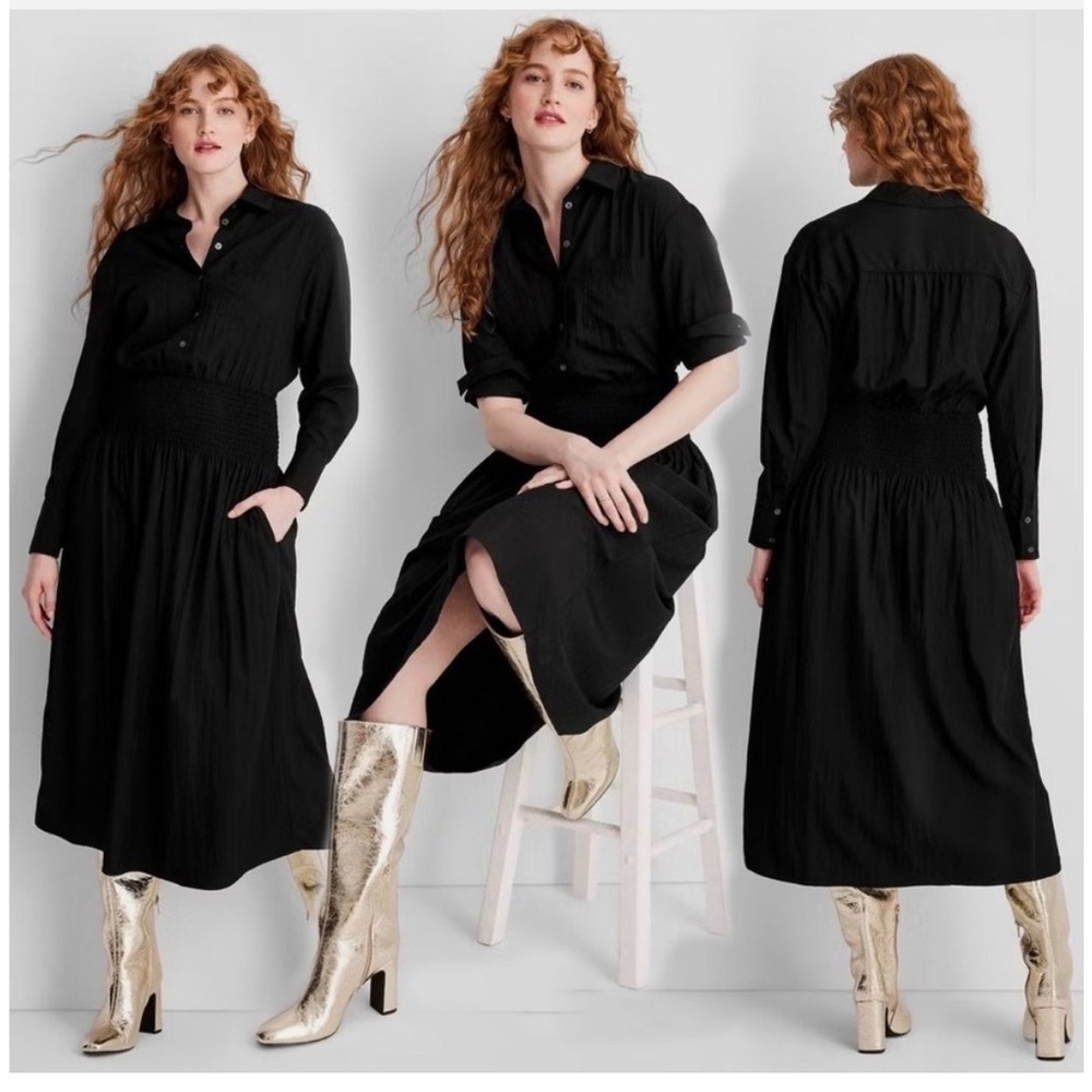 Future collective Black Shirtdress Smocked Waist Long Sleeve Midi Button Front